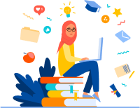 Person sitting on books with laptop